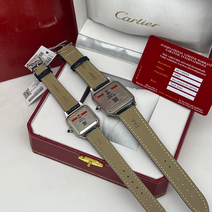 Cartier Santos Couple Set Two-Tone Rose Gold & Steel – Blue Leather Strap His & Hers