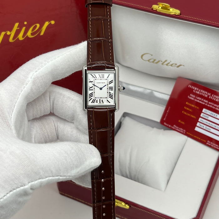 Cartier Tank Couple Set Silver Case – Brown Leather Strap His & Hers