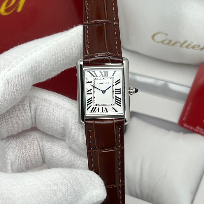 Cartier Tank Couple Set Silver Case – Brown Leather Strap His & Hers