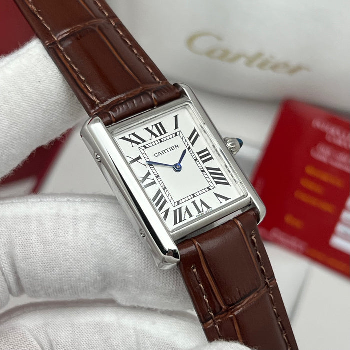 Cartier Tank Couple Set Silver Case – Brown Leather Strap His & Hers