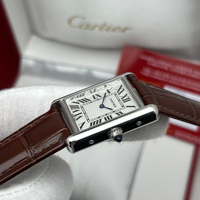 Cartier Tank Couple Set Silver Case – Brown Leather Strap His & Hers