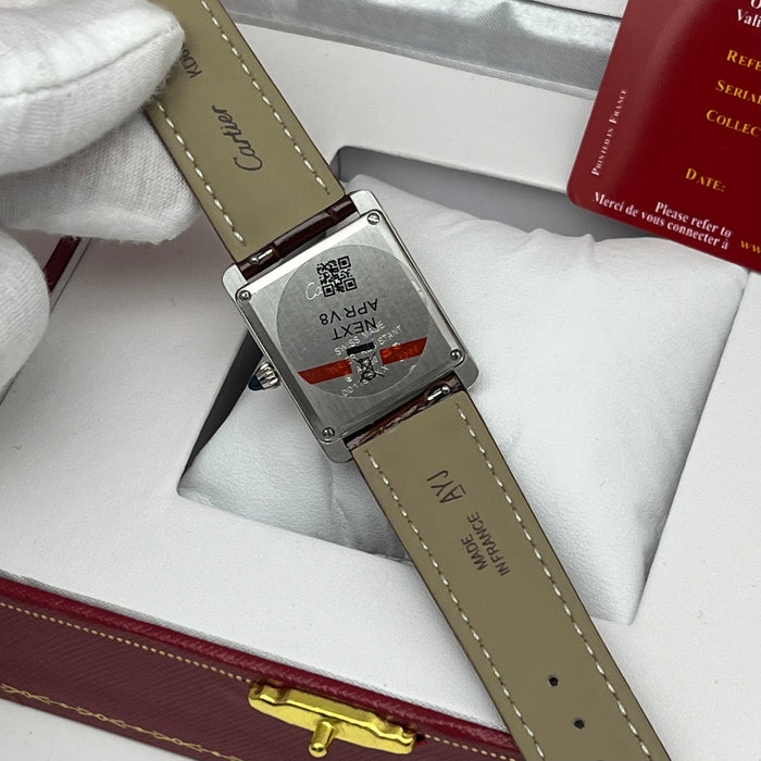Cartier Tank Couple Set Silver Case – Brown Leather Strap His & Hers