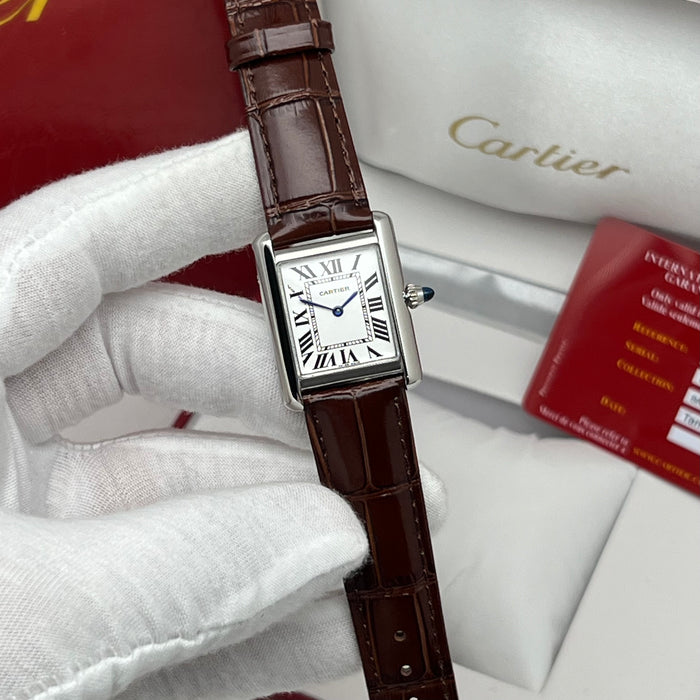 Cartier Tank Couple Set Silver Case – Brown Leather Strap His & Hers