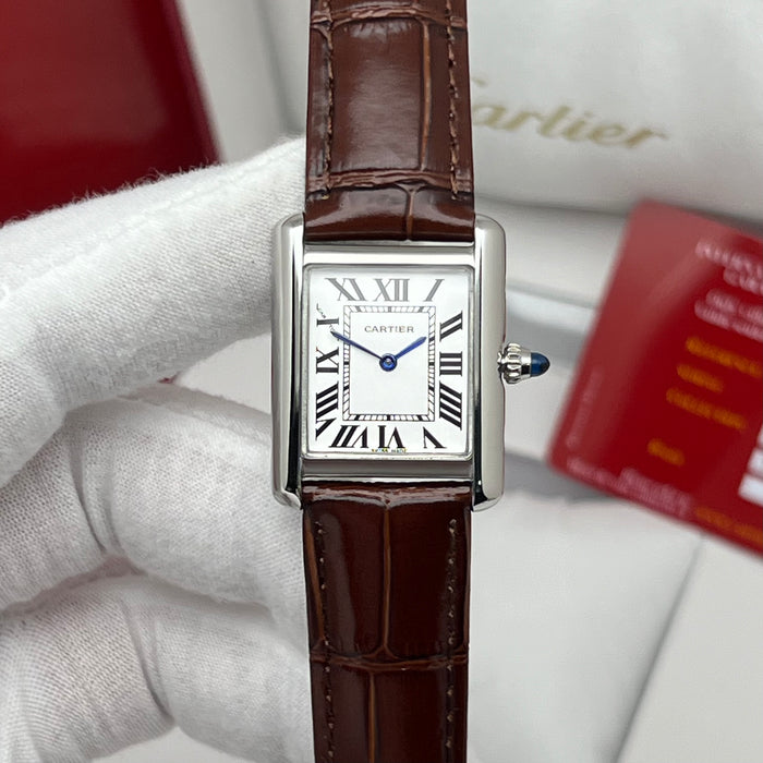Cartier Tank Couple Set Silver Case – Brown Leather Strap His & Hers