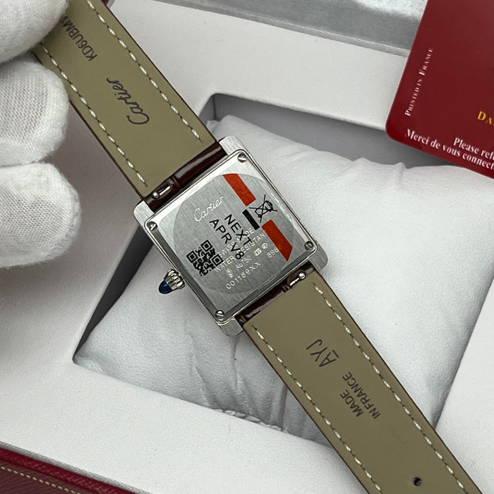 Cartier Tank Couple Set Silver Case – Brown Leather Strap His & Hers