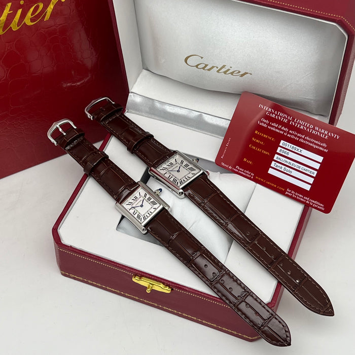 Cartier Tank Couple Set Silver Case – Brown Leather Strap His & Hers