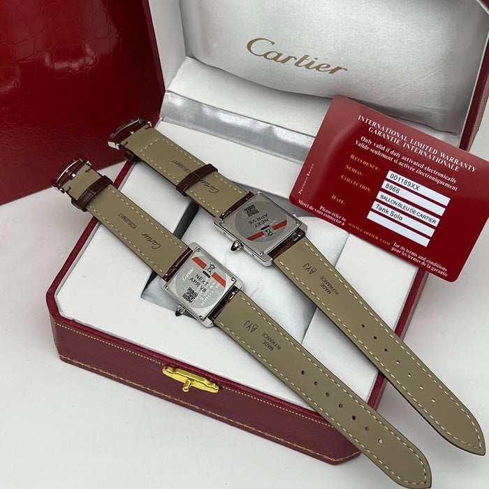 Cartier Tank Couple Set Silver Case – Brown Leather Strap His & Hers