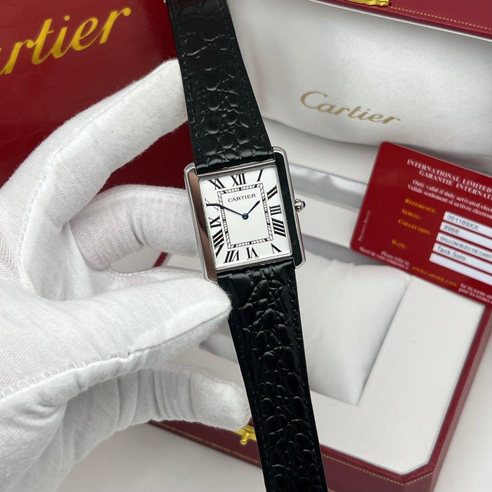 Cartier Tank Couple Set Silver Case – Black Leather Strap His & Hers Luxury Watches
