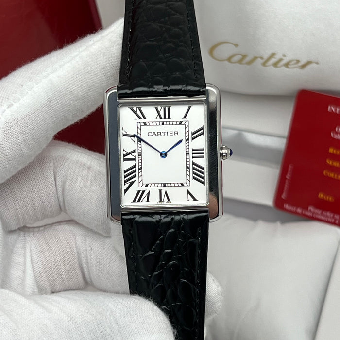 Cartier Tank Couple Set Silver Case – Black Leather Strap His & Hers Luxury Watches