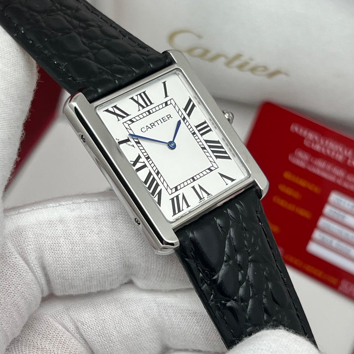 Cartier Tank Couple Set Silver Case – Black Leather Strap His & Hers Luxury Watches