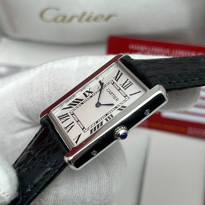 Cartier Tank Couple Set Silver Case – Black Leather Strap His & Hers Luxury Watches