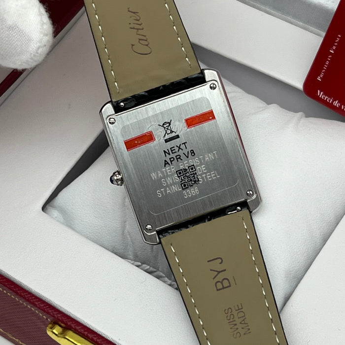 Cartier Tank Couple Set Silver Case – Black Leather Strap His & Hers Luxury Watches