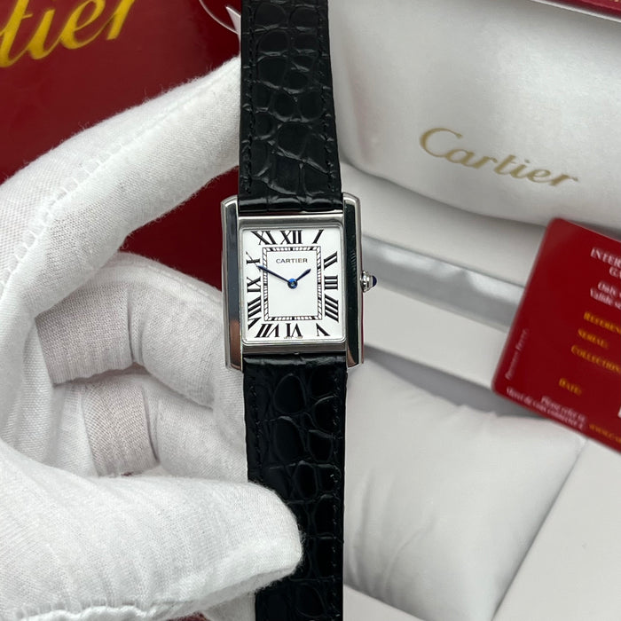 Cartier Tank Couple Set Silver Case – Black Leather Strap His & Hers Luxury Watches