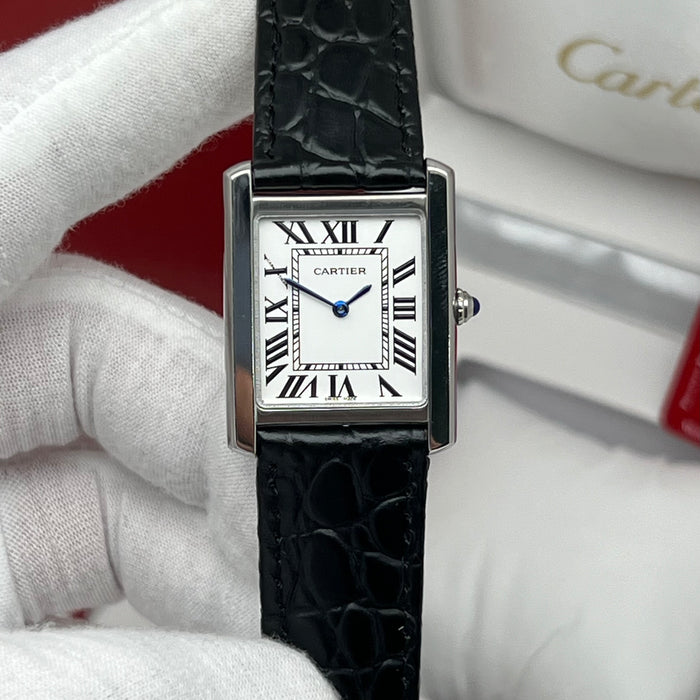 Cartier Tank Couple Set Silver Case – Black Leather Strap His & Hers Luxury Watches