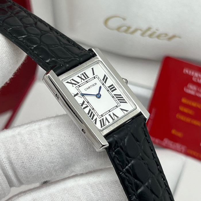 Cartier Tank Couple Set Silver Case – Black Leather Strap His & Hers Luxury Watches