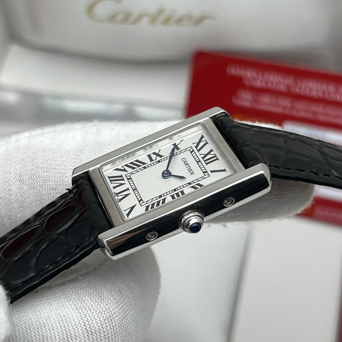 Cartier Tank Couple Set Silver Case – Black Leather Strap His & Hers Luxury Watches
