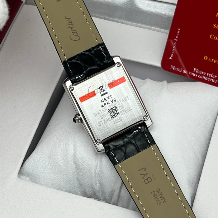 Cartier Tank Couple Set Silver Case – Black Leather Strap His & Hers Luxury Watches