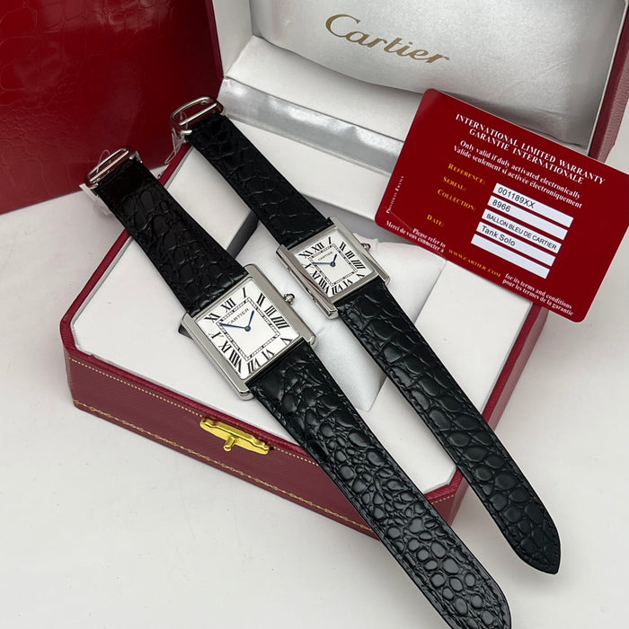 Cartier Tank Couple Set Silver Case – Black Leather Strap His & Hers Luxury Watches