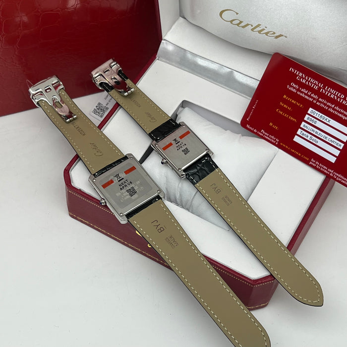 Cartier Tank Couple Set Silver Case – Black Leather Strap His & Hers Luxury Watches