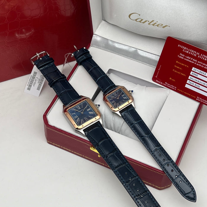 Cartier Santos Couple Set Blue Dial Two-Tone – Rose Gold & Steel His & Hers Luxury Watches