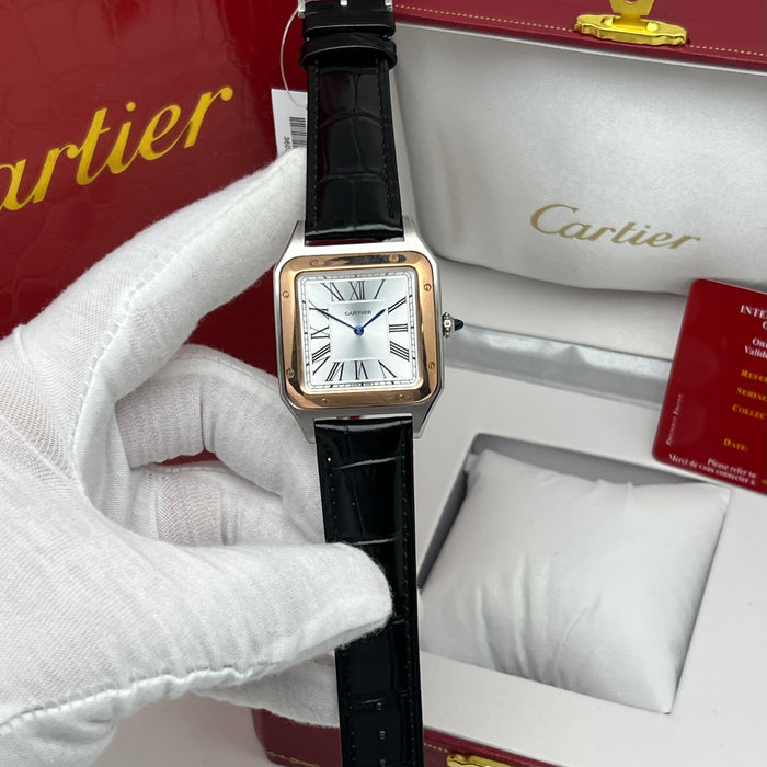 Cartier Santos Couple Set Two-Tone Rose Gold & Steel – Black Leather Strap His & Hers Watches