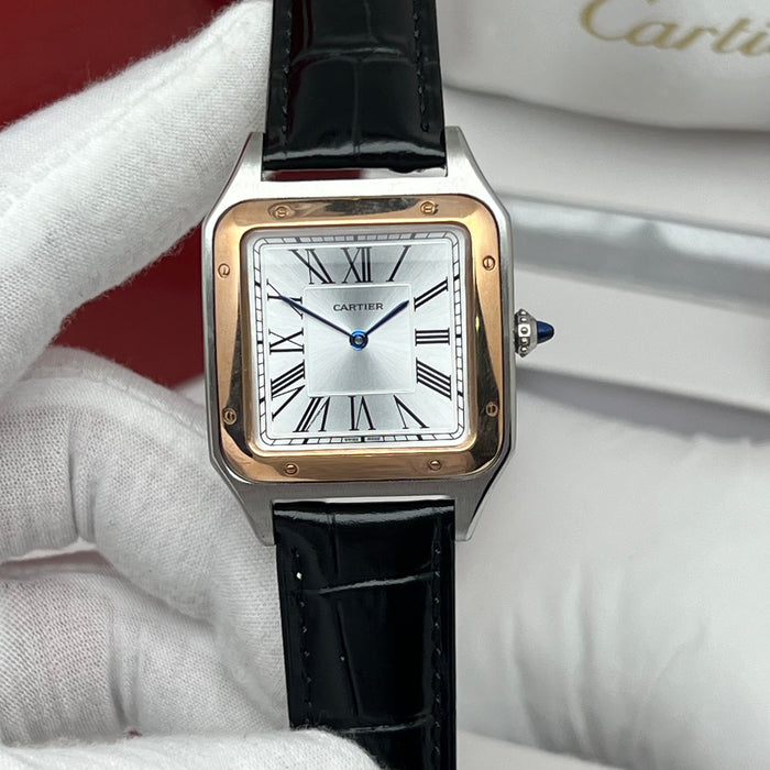 Cartier Santos Couple Set Two-Tone Rose Gold & Steel – Black Leather Strap His & Hers Watches