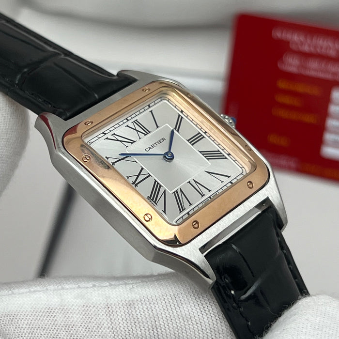 Cartier Santos Couple Set Two-Tone Rose Gold & Steel – Black Leather Strap His & Hers Watches