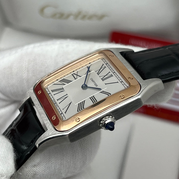 Cartier Santos Couple Set Two-Tone Rose Gold & Steel – Black Leather Strap His & Hers Watches