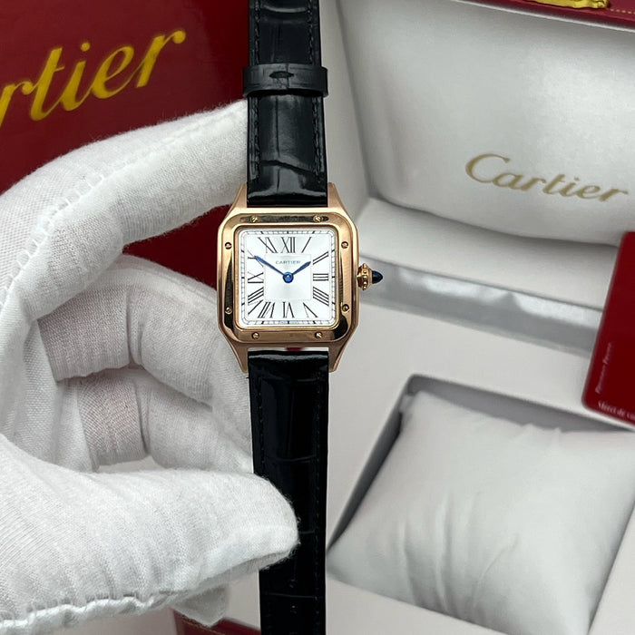 Cartier Santos Couple Set Two-Tone Rose Gold & Steel – Black Leather Strap His & Hers Watches