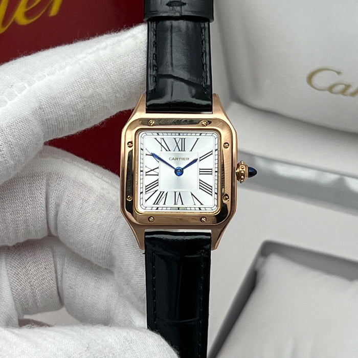Cartier Santos Couple Set Two-Tone Rose Gold & Steel – Black Leather Strap His & Hers Watches