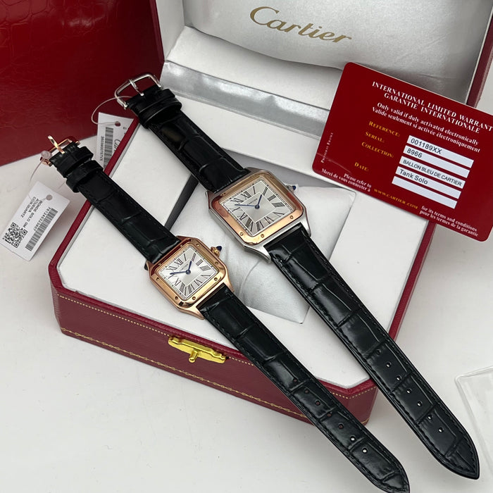 Cartier Santos Couple Set Two-Tone Rose Gold & Steel – Black Leather Strap His & Hers Watches