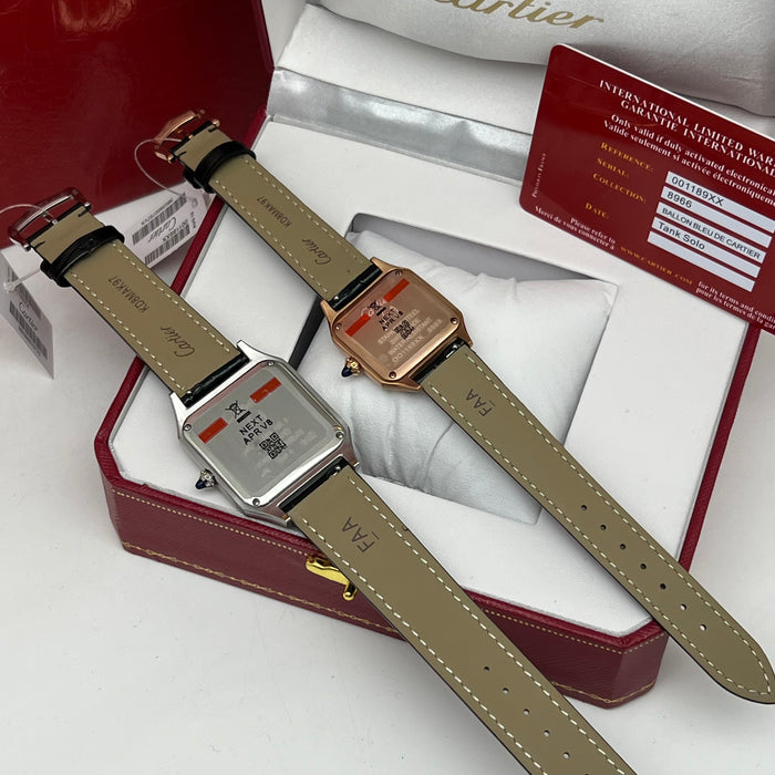 Cartier Santos Couple Set Two-Tone Rose Gold & Steel – Black Leather Strap His & Hers Watches