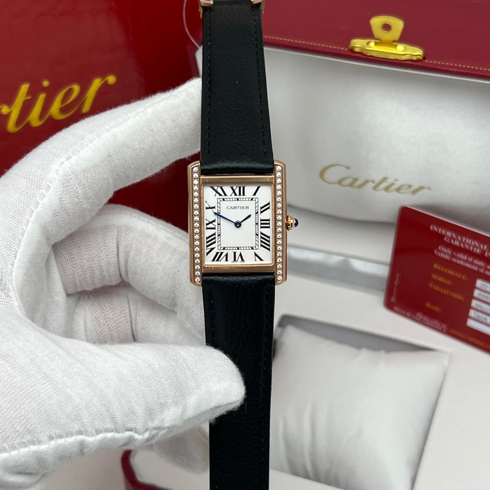 Cartier Tank Diamond Bezel Rose Gold 25MM – Black Leather Strap Women’s Luxury Watch