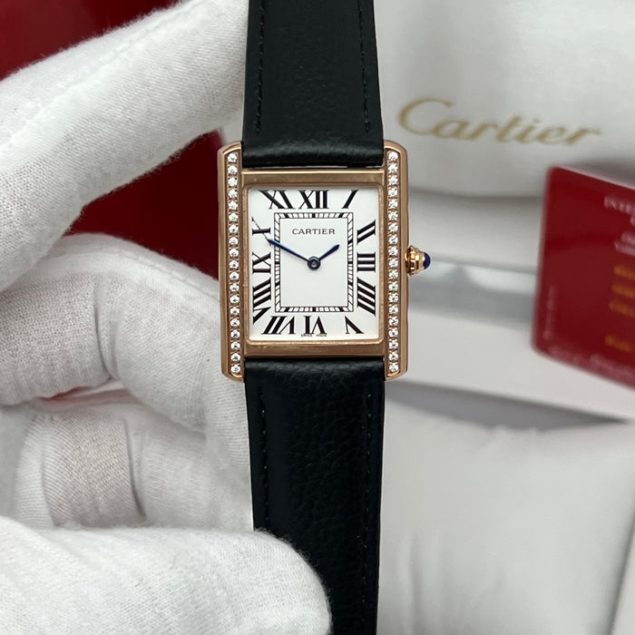 Cartier Tank Diamond Bezel Rose Gold 25MM – Black Leather Strap Women’s Luxury Watch