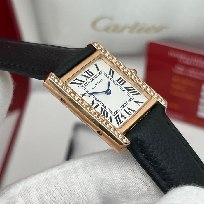 Cartier Tank Diamond Bezel Rose Gold 25MM – Black Leather Strap Women’s Luxury Watch