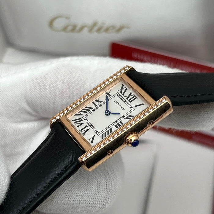 Cartier Tank Diamond Bezel Rose Gold 25MM – Black Leather Strap Women’s Luxury Watch