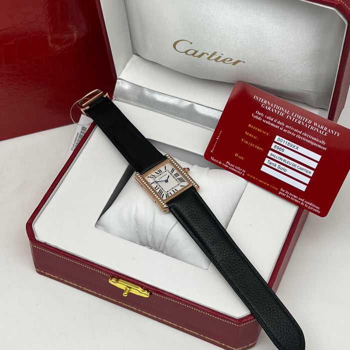Cartier Tank Diamond Bezel Rose Gold 25MM – Black Leather Strap Women’s Luxury Watch