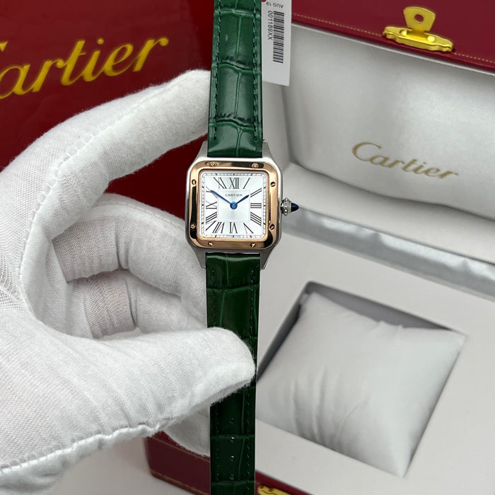 Cartier Santos Mini Two-Tone Rose Gold & Steel 26MM – Green Leather Strap Women’s Luxury Watch