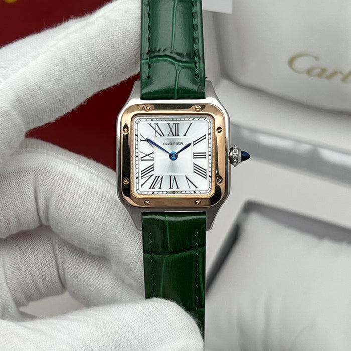 Cartier Santos Mini Two-Tone Rose Gold & Steel 26MM – Green Leather Strap Women’s Luxury Watch