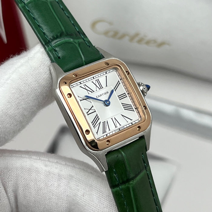 Cartier Santos Mini Two-Tone Rose Gold & Steel 26MM – Green Leather Strap Women’s Luxury Watch
