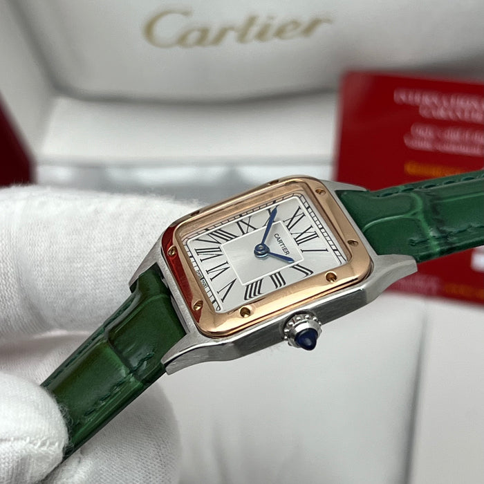 Cartier Santos Mini Two-Tone Rose Gold & Steel 26MM – Green Leather Strap Women’s Luxury Watch