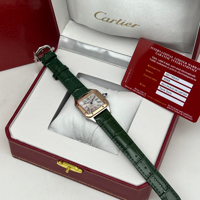 Cartier Santos Mini Two-Tone Rose Gold & Steel 26MM – Green Leather Strap Women’s Luxury Watch