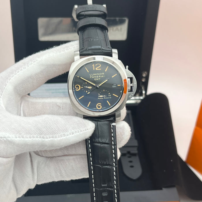 Panerai Luminor GMT Power Reserve Black Dial 44MM Leather Strap Watch