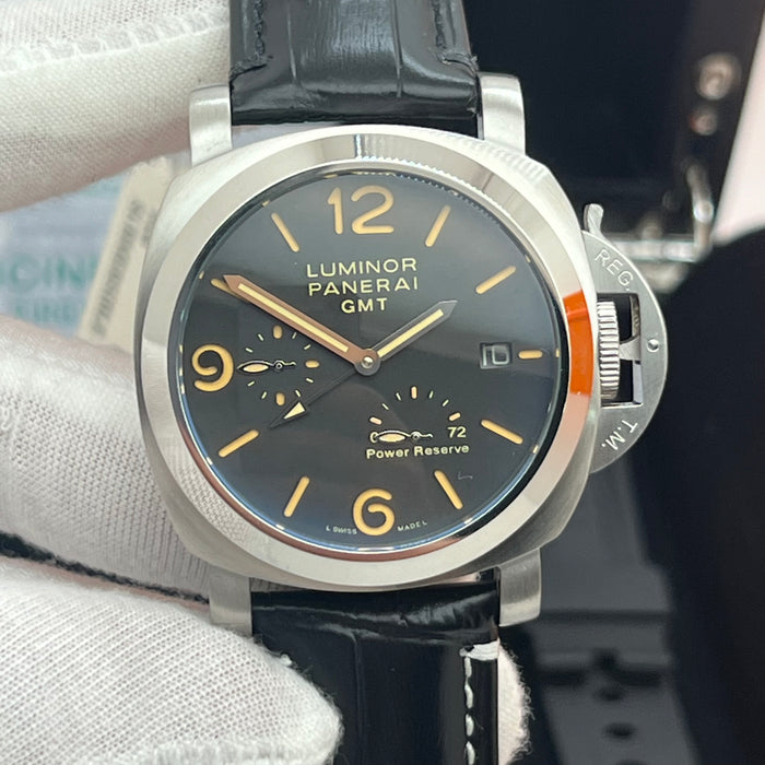 Panerai Luminor GMT Power Reserve Black Dial 44MM Leather Strap Watch