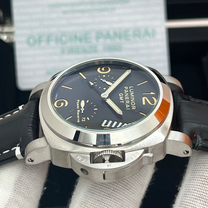 Panerai Luminor GMT Power Reserve Black Dial 44MM Leather Strap Watch