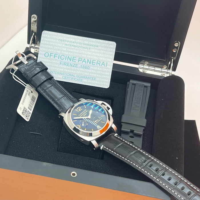 Panerai Luminor GMT Power Reserve Black Dial 44MM Leather Strap Watch