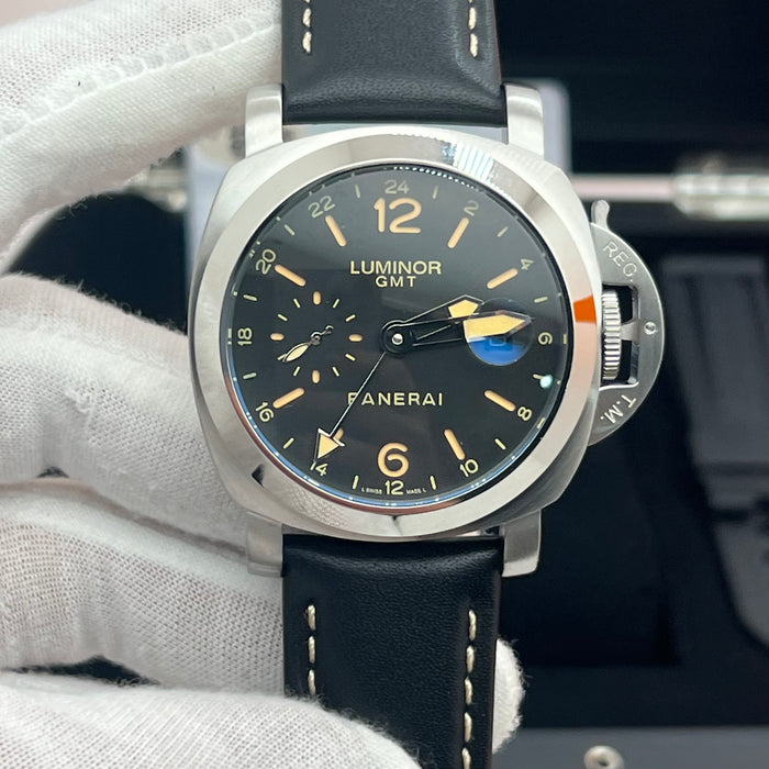 Panerai Luminor GMT 24H Black Dial 44MM Leather Strap Watch