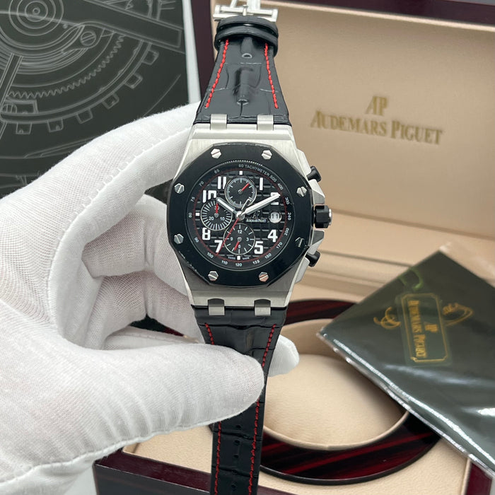 Audemars Piguet Royal Oak Offshore Chronograph Black Bezel Leather Strap Watch