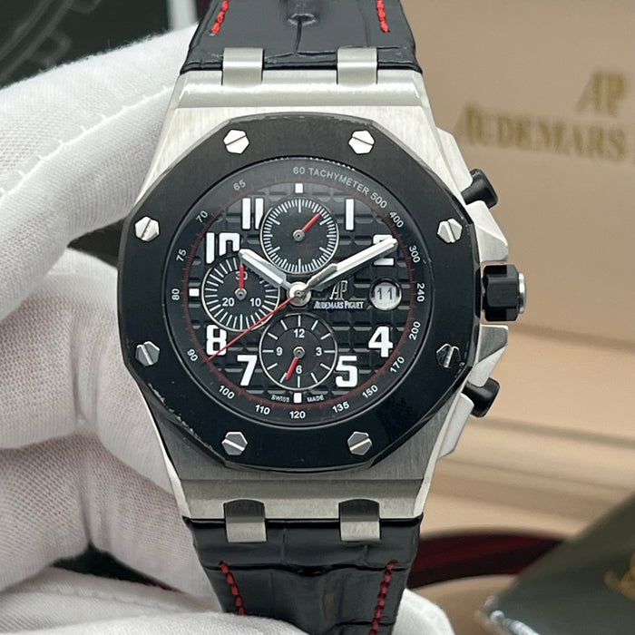 Audemars Piguet Royal Oak Offshore Chronograph Black Bezel Leather Strap Watch