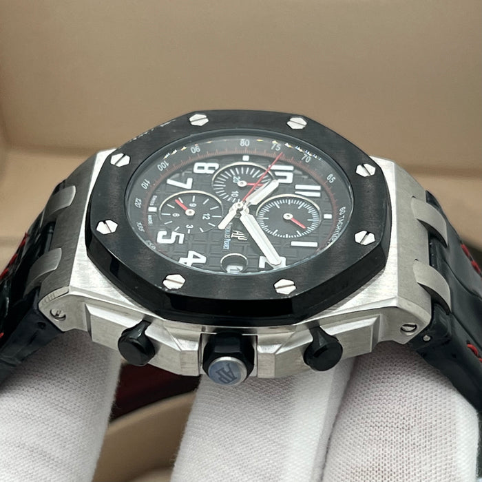 Audemars Piguet Royal Oak Offshore Chronograph Black Bezel Leather Strap Watch